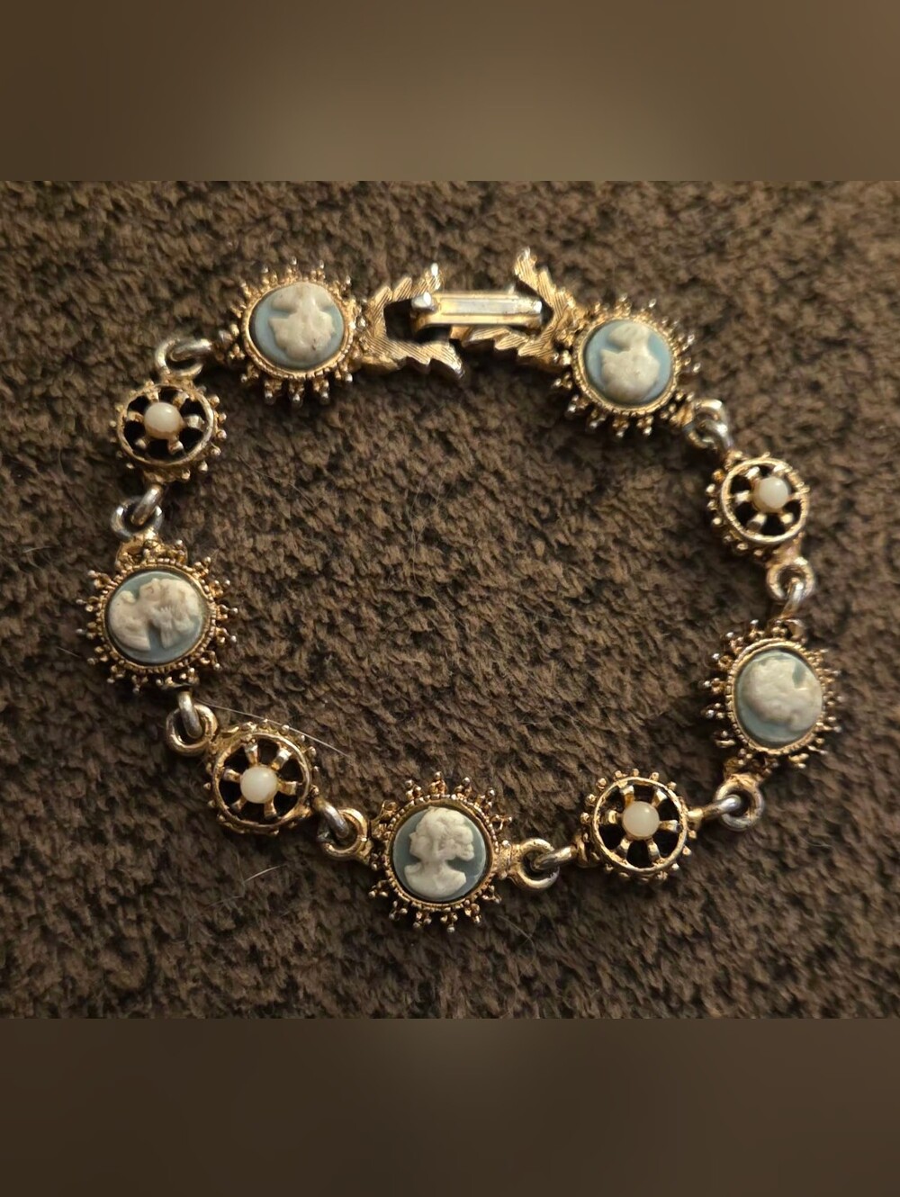 Vintage Goldtone and Light Blue Cameo Bracelet